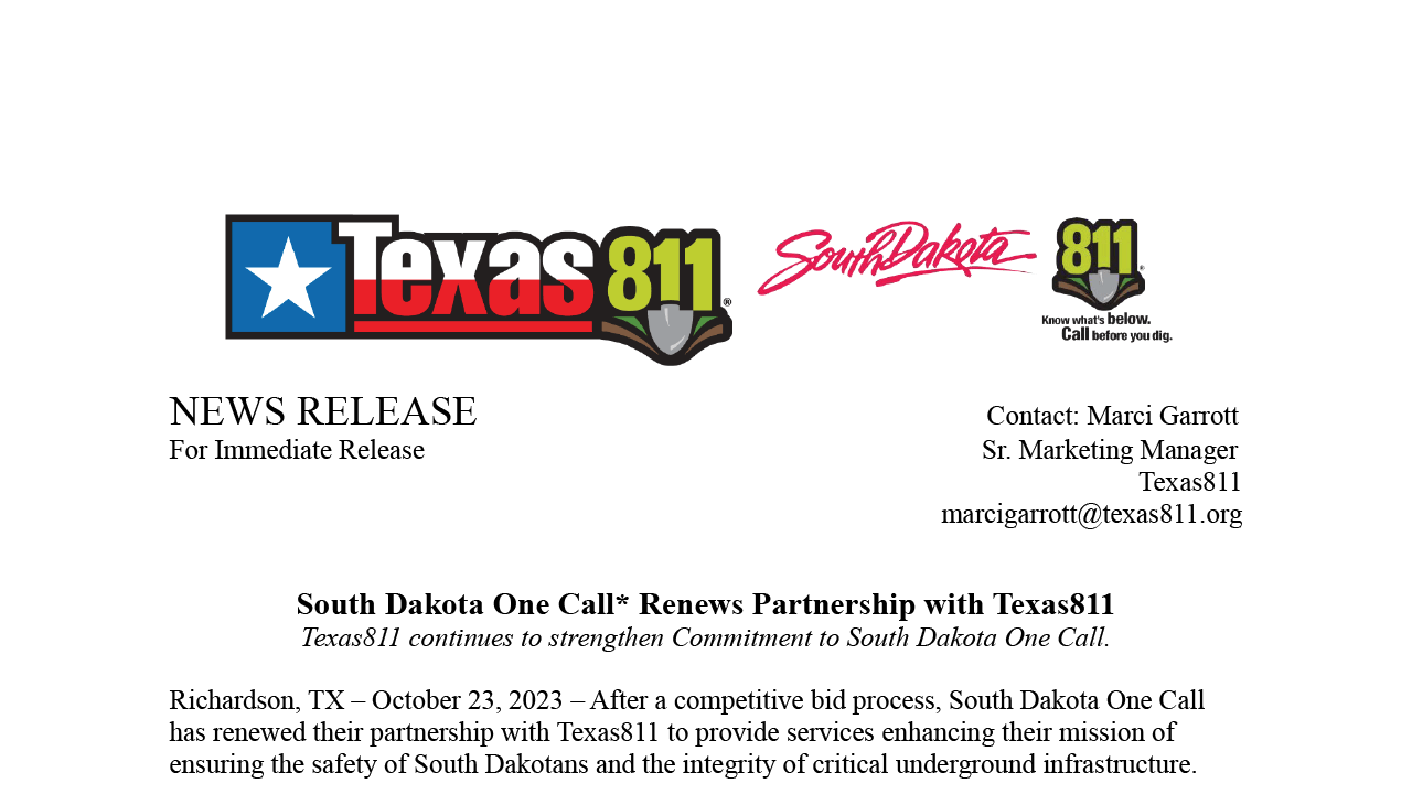 Featured image for “SOUTH DAKOTA RENEWS PARTNERSHIP WITH TEXAS811”